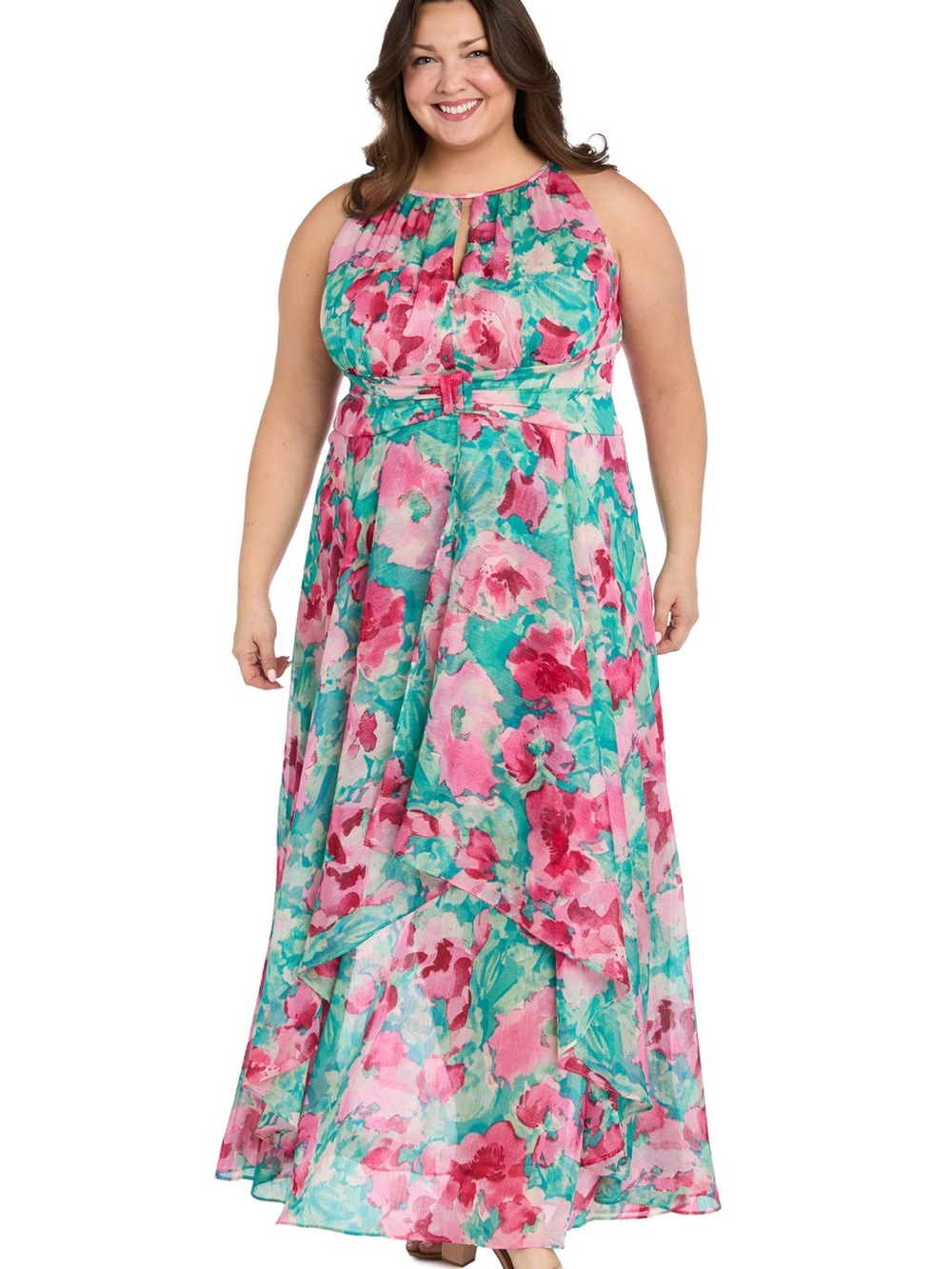 R&M Richards Pink & Teal Floral Halter Maxi Dress